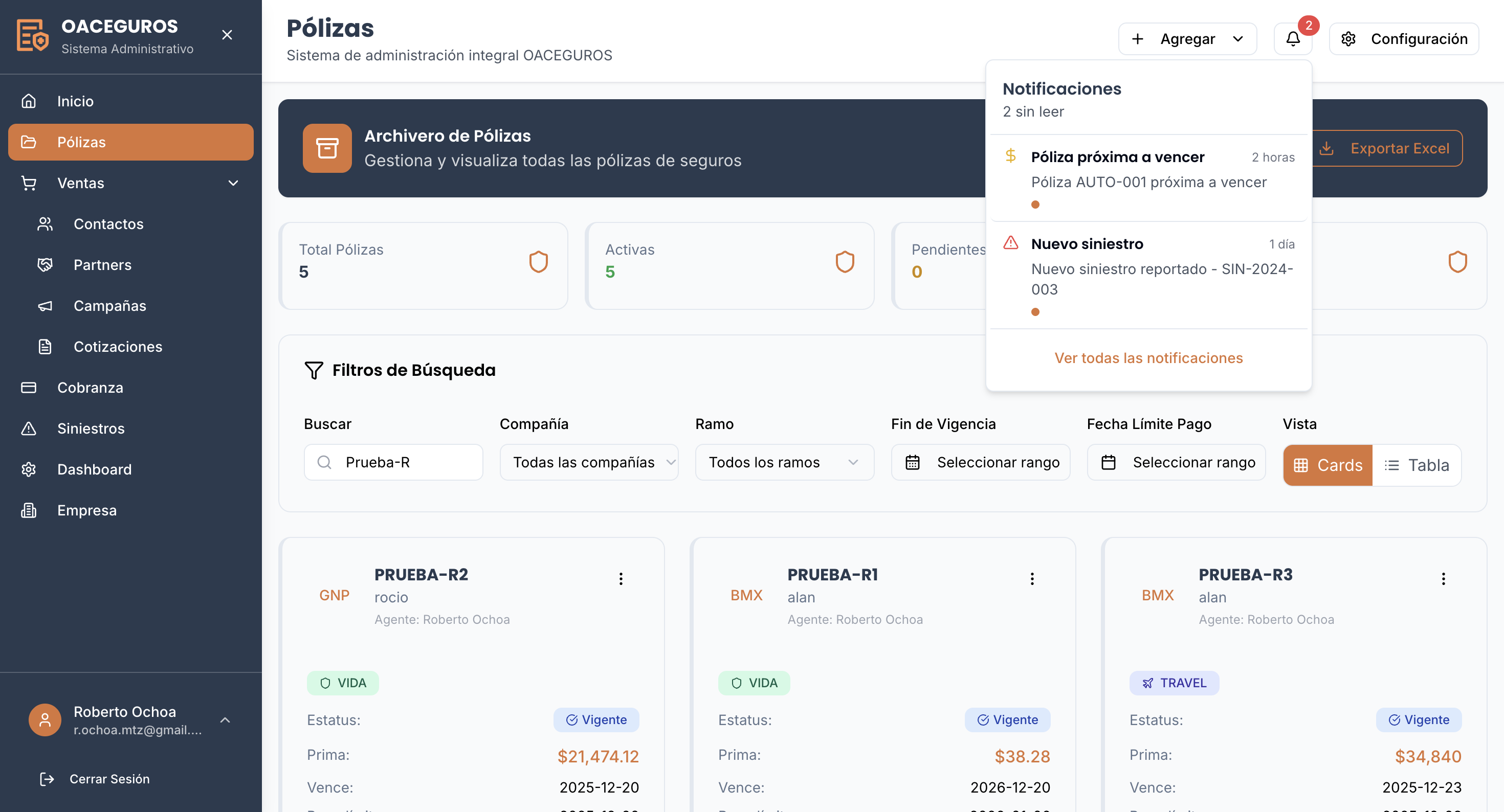 OACEGUROS CRM - Plataforma tecnológica para agentes de seguros